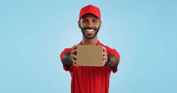 Black Man Portrait Delivery Box Ecommerce Distribution Supplier Service Blue — Stock Photo, Image
