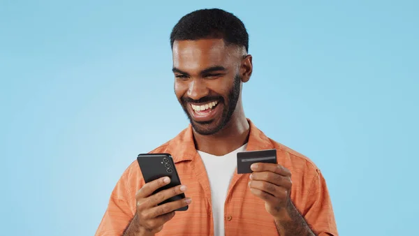 Man Credit Card Excited Phone Studio Thinking Sale Promo Code — Stock Photo, Image