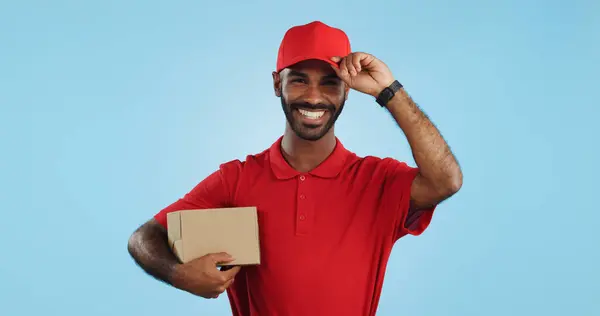Hombre Feliz Caja Entrega Servicio Transporte Paquete Pedido Estudio Sobre — Foto de Stock