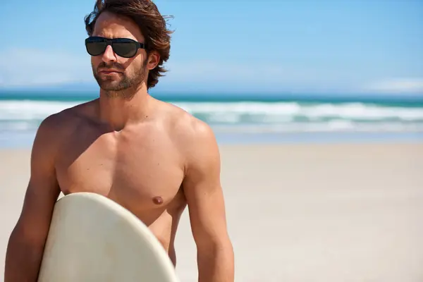 Man Surf Vacation Thinking Sunglasses Beach Sea Fitness Water Sport — Stock Photo, Image