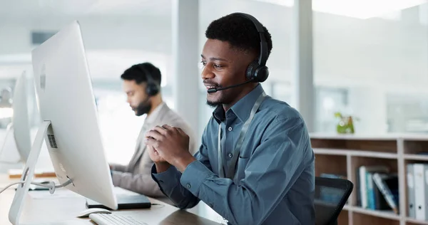 Happy Black Man Face Call Center Customer Service Support Telemarketing — Stock Photo, Image