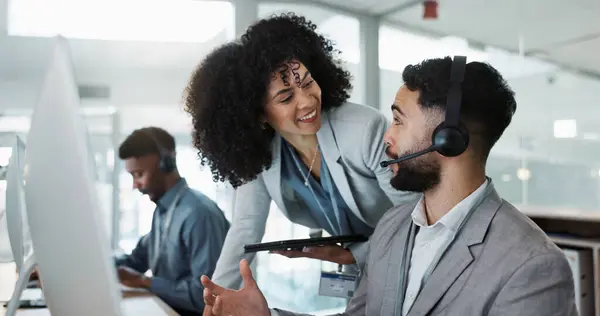 Business people, call center and coaching staff in customer service, support or telemarketing at office. Team, agent or consultant training together in teamwork for online advice, help or contact us.