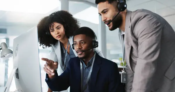 Business people, call center and coaching team in telemarketing, customer service or support at office. Staff, agent or consultant training together in teamwork for online advice, help or contact us.