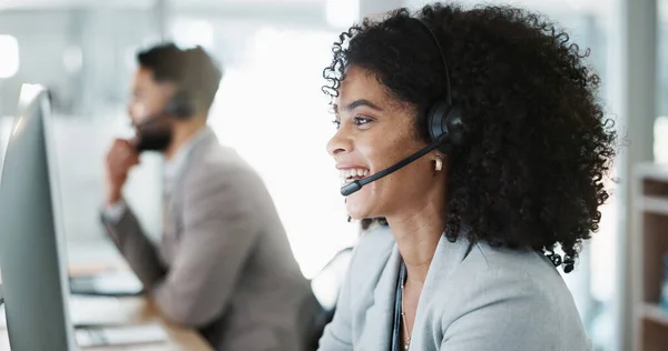 Happy woman, call center and customer service in telemarketing, support or communication at office. Friendly female person, consultant or agent smile in online advice, help or contact us at workplace.