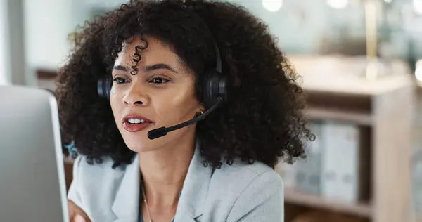 Happy woman, call center and headphones in customer service, support or telemarketing at office. Face of friendly person, consultant or agent smile for online advice, help or contact us at workplace.