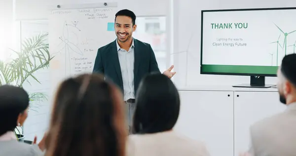 Businessman, presentation and coaching with questions in meeting, conference or idea at office. Asian man or mentor talking to audience or business people with hand raised for interaction at workshop.