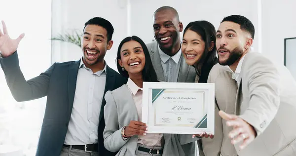 Business people, woman and certificate in office, presentation or teamwork for performance, goal or success. African CEO, happy employee group and diploma for achievement, thanks or award at workshop.