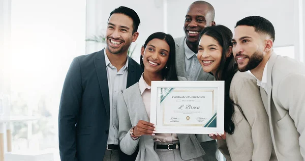 Business people, woman and certificate in office, presentation or teamwork for performance, goal or success. African CEO, happy employee group and diploma for achievement, thanks or award at workshop.