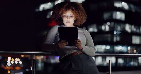Tablet, night balcony and relax woman reading positive social network feedback, customer experience or ecommerce. Brand monitoring data, review or African media worker doing analysis of online survey.