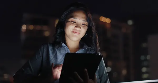 Night balcony, tablet or city woman typing social network feedback, customer experience or e commerce. Brand monitoring data, website research or Asian media worker analysis of online survey review.