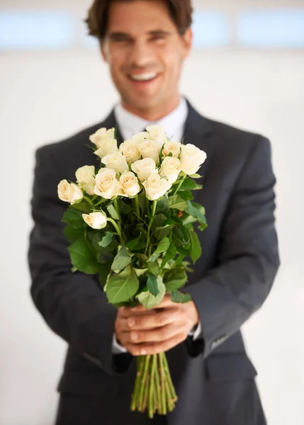 Gift Portrait Happy Man Flowers Love Giving Valentines Day Celebration — Stock Photo, Image
