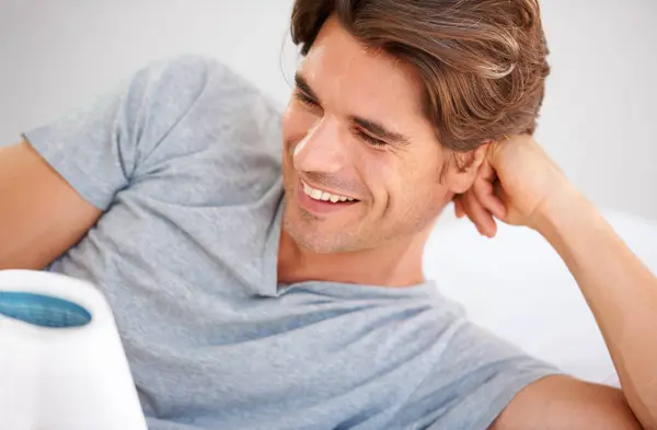 Man Smile While Reading Book Relax Bedroom Story Learning Self — Stock Photo, Image