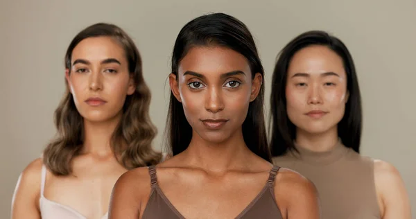 Natural beauty, face and diversity with women, dermatology and skincare isolated on studio background. Wellness, unique healthy skin and inclusion with cosmetic care, makeup shine and portrait.