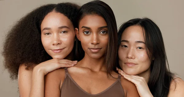 Face, beauty and portrait of women friends in studio for diversity, inclusion or wellness. Model people on neutral background for different skin, facial care and dermatology glow or natural cosmetics.