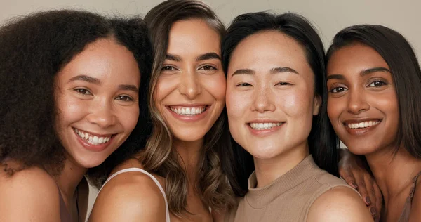 Skincare group, face or women smile for anti aging cosmetics, beauty glow and spa wellness support. Equality, cosmetology closeup or diversity portrait of unique friends together on studio background.