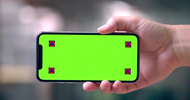 Phone Green Screen Hand Person Office Mockup Business News Smartphone — Stock Video