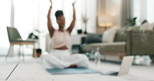 Yoga Rök Och Meditation Med Svart Kvinna Golvet Ett Vardagsrum — Stockvideo