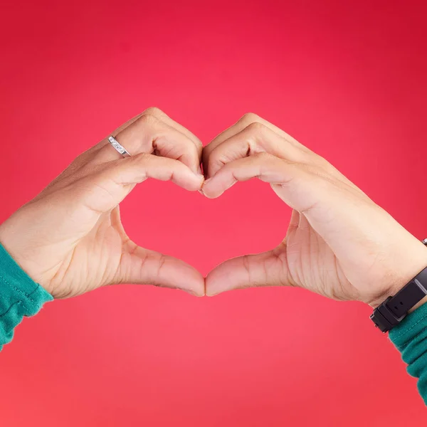 Closeup Person Heart Hands Love Care Compassion Red Studio Background — Stock Photo, Image