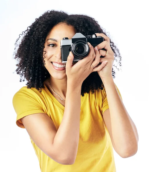 Photography Camera Portrait Woman Photographer Happy Creative Isolated Studio White — Stock Photo, Image