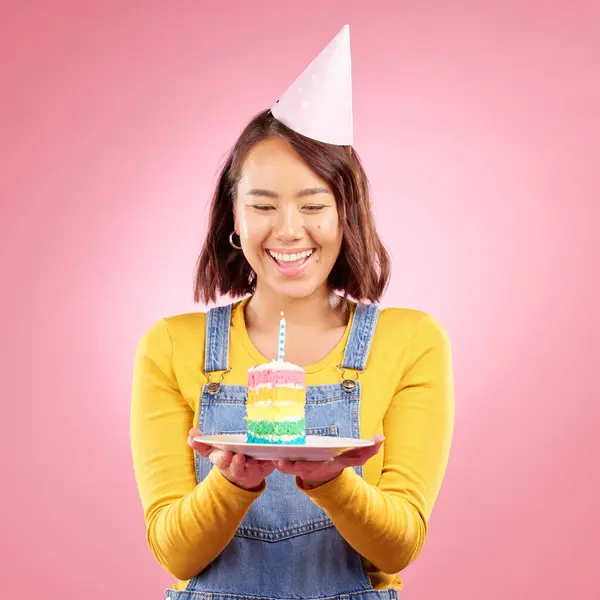 Birthday Cake Candle Studio Happy Asian Woman Excited Smile Celebrate — Stock Photo, Image