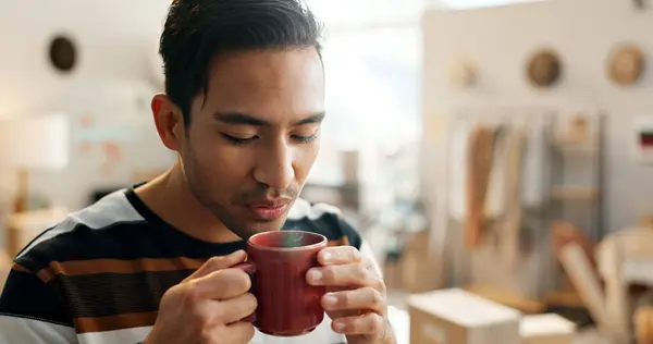 Man Blaas Koffie Rust Met Ochtend Routine Met Aroma Van — Stockfoto