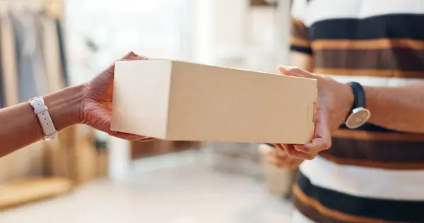 Box, hands and delivery with ecommerce and logistics, courier service with customer and supplier. Package closeup, product and shipping, supply chain and people with industry and online shopping.