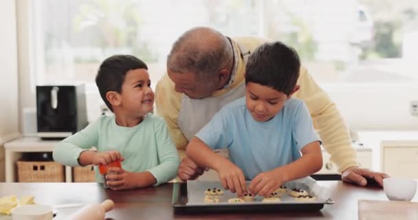 说话的孩子或在厨房里烘焙的孩子 就像一个快乐的家庭 兄弟姐妹一起学习烹调食谱 儿童发展或年长的祖父母教孩子或帮助饼干 — 图库视频影像