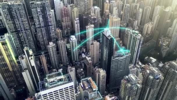Воздушный Умный Город Сеть Голубым Неоном Подключение Футуристическая Кибербезопасность Глобальная — стоковое видео