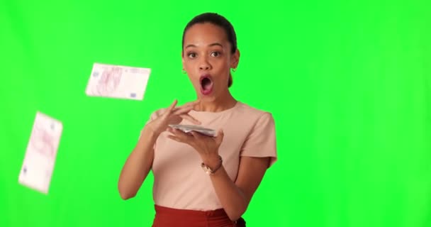 Throw Money Face Woman Green Screen Winner Bonus Success Financial — Stock Video