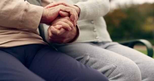 Расслабьтесь Сопереживайте Поддержите Пожилую Пару Взявшись Руки Скамейке Парке Общения — стоковое видео