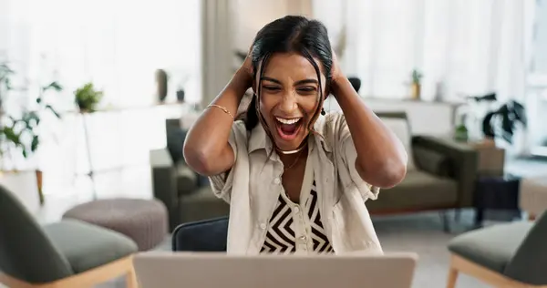 Excited woman, laptop and surprise for winning, bonus promotion or good news at home office. Shocked female person or freelancer smile in wow or omg for lottery, prize or sale discount on promo deal.