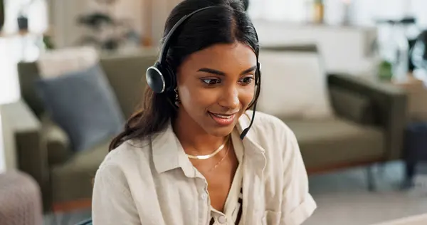 Happy woman, call center and headphones in remote work, customer service or telemarketing at home office. Face of female person, consultant or freelance agent smile for online advice, CRM or help.