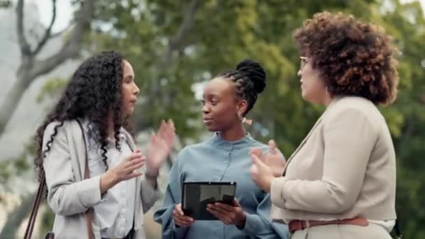 Tablet Reuniones Mujeres Negocios Parque Para Discusión Planificación Creación Redes — Vídeos de Stock
