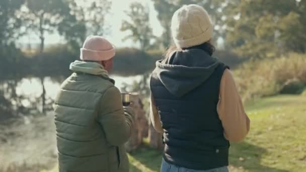 Talking Happy Couple Walking Nature Coffee While Camping Vacation Morning — Vídeo de Stock