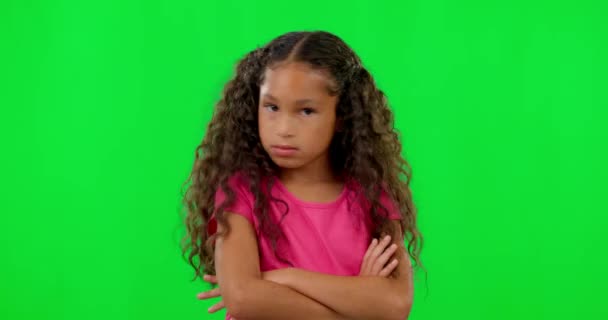 Green Screen Face Girl Arms Crossed Shaking Head Studio Background — Stock Video