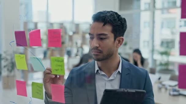 Homem Negócios Brainstorming Tablet Vidro Para Escrever Notas Agenda Pesquisa — Vídeo de Stock