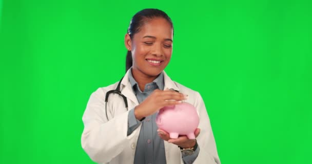 Salvadanaio Medico Schermo Verde Segno Risparmio Investire Bollette Assicurazione Sanitaria — Video Stock