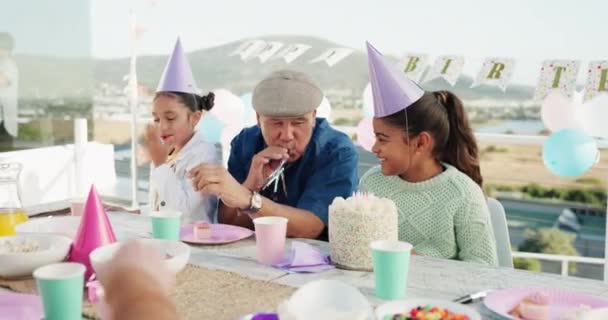 Family Children Birthday Grandfather Cake Patio Party Home Blowing Young — Stock Video