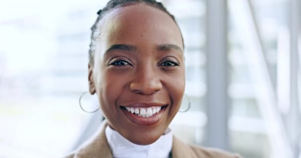 Лицо Счастливый Адвокат Черная Женщина Офисе Бизнеса Корпоративной Компании Африканский — стоковое видео