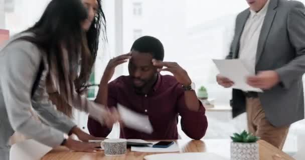 Black Man Time Management Fail Multitask Stress Business Team Paperwork — Stock Video