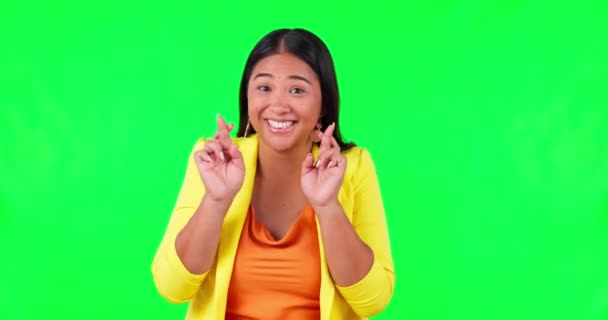 Fingers Crossed Green Screen Happy Woman Face Studio Good Luck — Stock Video