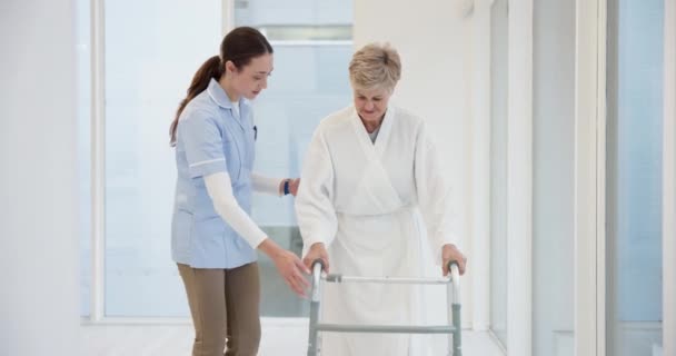 Nurse Elderly Woman Walker Helping Hand Show Support Guide Rehabilitation — Stock Video
