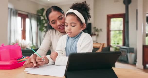 Mother Helping Her Girl Child Homework Table Digital Tablet Research — Video Stock