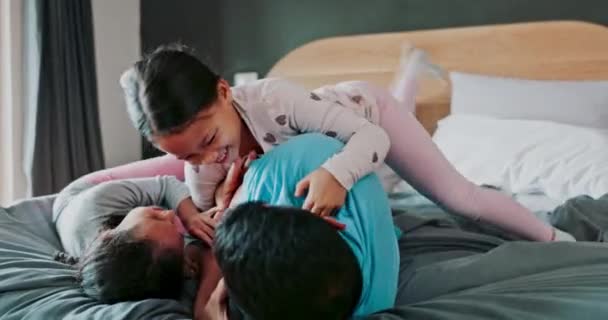 Family Bedroom Father Playing His Children Home Together While Bonding — Stock Video