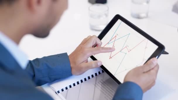 Gráfico Mãos Tablet Empresário Reunião Com Análise Dados Para Financeira — Vídeo de Stock