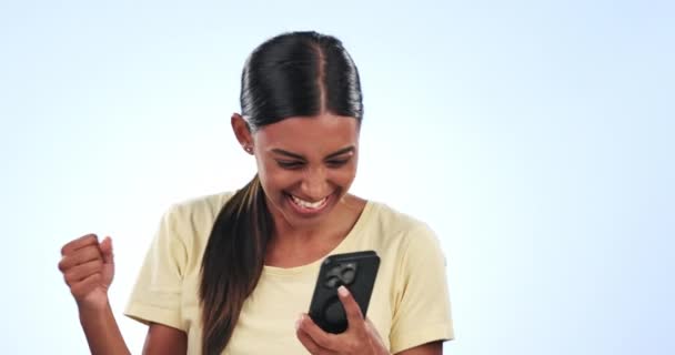 Happy Woman Phone Fist Pump Winning Promotion Good News Studio — Stock Video