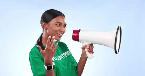 Volunteer Woman Megaphone Speech Studio Help Recruitment Call Action Blue — Stock Video