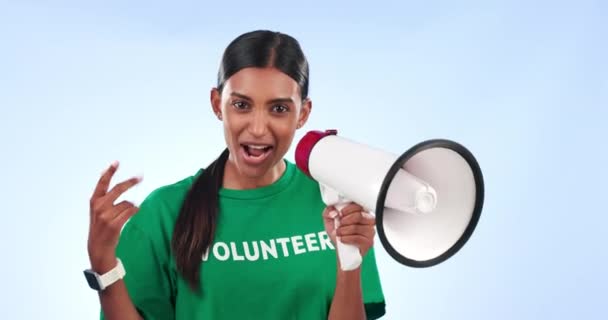 Volunteer Woman Megaphone Speaker Studio Help Recruitment Call Action Blue — Stock Video