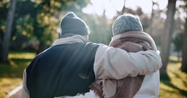 Pareja Mayor Caminando Parque Invierno Con Espalda Vinculación Amor Abrazo — Vídeo de stock