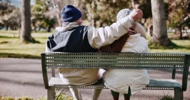 Volver Banco Una Pareja Ancianos Parque Juntos Para Jubilación Romance — Vídeo de stock